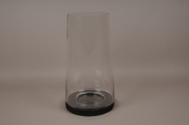 A001T0 Photophore en verre sur socle en bois noir D28cm H52cm
