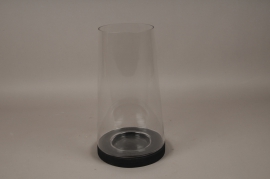A002T0 Photophore en verre sur socle en bois noir D23cm H42cm