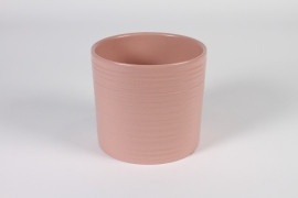 A007XF Pink striated ceramic planter D17cm H15.5cm