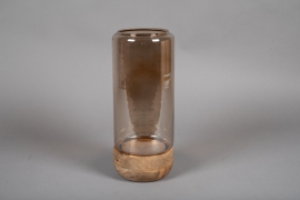 A009KI Photophore en verre sur socle en bois D15cm H37cm