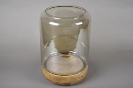 A010KI Photophore en verre sur socle en bois D24.5cm H38cm