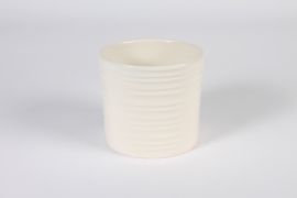 A012XF White striated ceramic planter D14cm H13cm