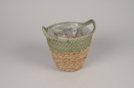 A014MZ Cache-pot panier en jonc naturel et vert D17cm H15cm