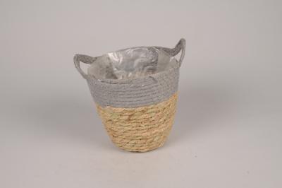 A018MZ Cache-pot panier en jonc naturel et gris D16cm H16cm