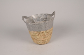 A018MZ Natural and grey seagrass planter basket D16cm H16cm