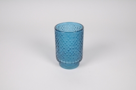 A022IH Photophore en verre bleu D8.5cm H13cm