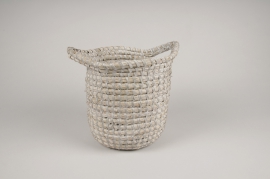 A026UV White bulrush basket planter D28cm H21.5cm