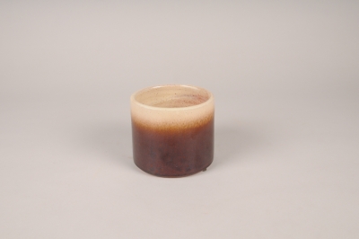 A033XD Cache-pot en c�ramique �maill�e beige et marron D12.5cm H11cm