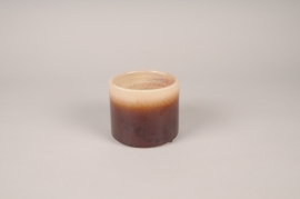 A033XD Cache-pot en céramique émaillée beige et marron D12.5cm H11cm