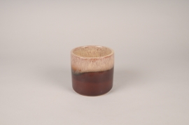 A034XD Cache-pot en céramique émaillée beige et marron D13.5cm H12.5cm