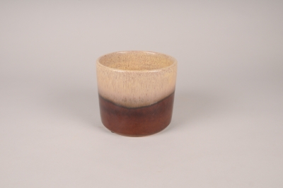 A037XD Beige and brown glazed ceramic planter D15.5cm H13.5cm