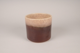 A038XD Cache-pot en céramique émaillée beige et marron D18cm H17cm