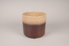A039XD Cache-pot en céramique émaillée beige et marron D21.5cm H20cm