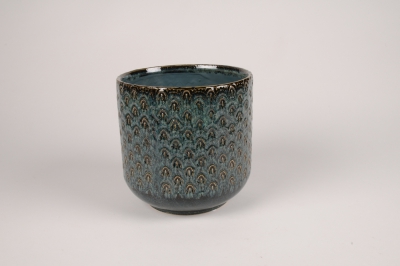 A040L1 Cache-pot en c�ramique bleu paon D19cm H19cm