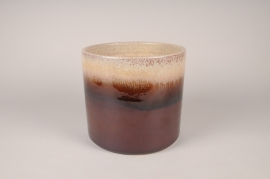 A040XD Cache-pot en céramique émaillée beige et marron D24cm H22.5cm