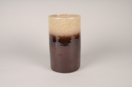 A041XD Vase en céramique émaillée beige et marron D10cm H20cm