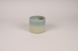 A043XD Cache-pot en céramique émaillée bleu et vert D13cm H11cm