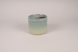 A049XD Cache-pot en céramique émaillée bleu et vert D15.5cm H13.5cm