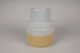 A052KI Vase en grès bleu clair et beige D16cm H21cm