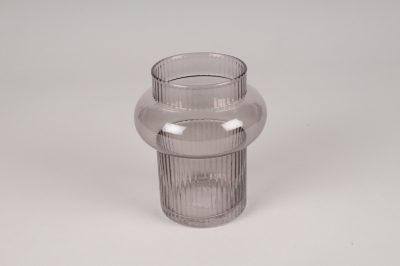 A062P5 Vase en verre stri� fum� gris D12cm H14cm