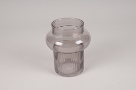 A062P5 Vase en verre strié fumé gris D12cm H14cm