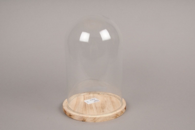 A063I0 Cloche en verre avec plateau bois D17cm H24cm