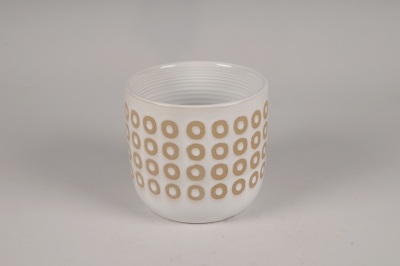 A072I4 Cache-pot en c�ramique blanc et beige D11cm H11cm