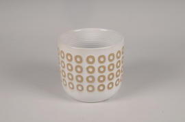 A073I4 Cache-pot en céramique blanc et beige D15cm H13.5cm