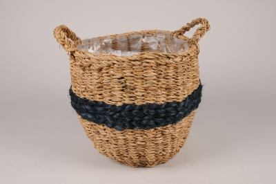 A079M5 Cache-pot panier en jonc naturel et bleu D28cm H25.5cm