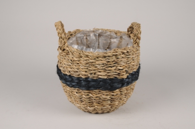 A080M5 Cache-pot panier en jonc naturel et bleu D22cm H21cm