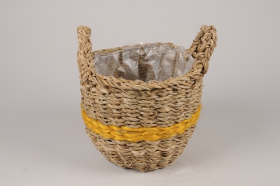 A081M5 Cache-pot panier en jonc naturel et jaune D21cm H18cm