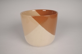 A120I4 Cache-pot en céramique marron et beige D22cm H19.5cm