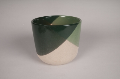 A121I4 Cache-pot en c�ramique vert et beige D22cm H19.5cm