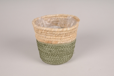 A142MZ Cache-pot en jonc naturel et kaki D14cm H13cm