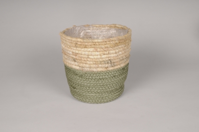 A143MZ Cache-pot en jonc naturel et kaki D15.5cm H14cm