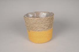 A149MZ Cache-pot en jonc naturel et jaune D20.5cm H17.5cm