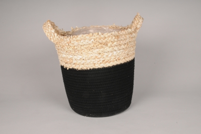 A156MZ Cache-pot panier en jonc et tissu noir D25cm H25cm