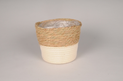 A157MZ Cache-pot en jonc naturel et cr�me D14cm H13cm