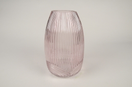A158K9 Vase en verre strié rose D15cm H25cm