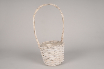 A220NH White wicker basket planter with handle D18.5cm H15cm