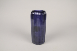 A238NH Vase en verre strié bleu foncé D8.5cm H20cm