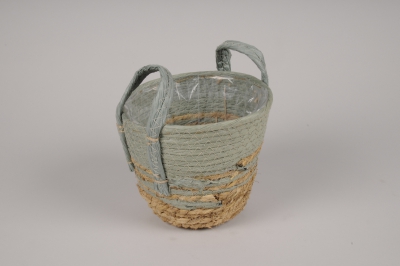 A267NM Cache-pot panier en jonc vert et naturel D18cm H16cm