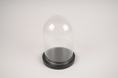 A281I0 Cloche verre plateau bois noir D12cm H16cm