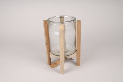 A303U7 Glass candle holder with wooden stand H23cm