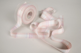 A412UN Ruban tissu écossais rose et blanc 25mm x 15m