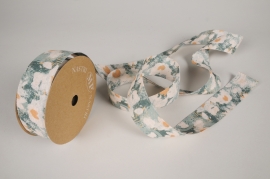 A428UN Green and cream ribbon fabric 40mm x 20m
