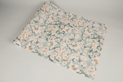 A432UN Tissu vert et cr�me motif fleur 48cm x 5m
