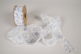 A442UN Ribbon fabric with grey blue floral pattern 40mm x 20m