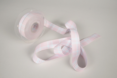 A444UN Pink and blue checkered fabric ribbon 25mm x 10m