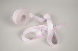 A444UN Ruban tissu &agrave; carreaux rose et bleu 25mm x 10m